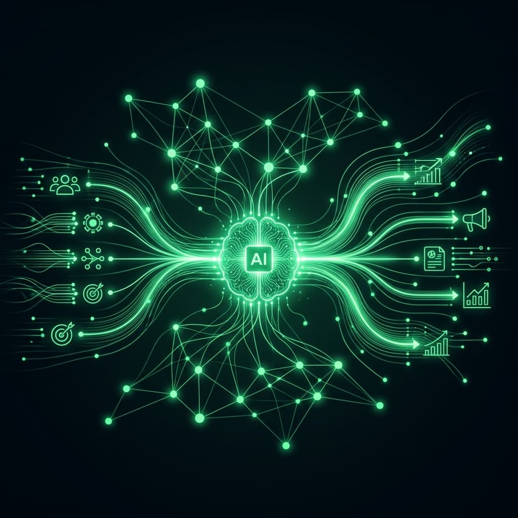 AI workflow diagram showing data inputs flowing through Ezage AI layer to campaign outputs
